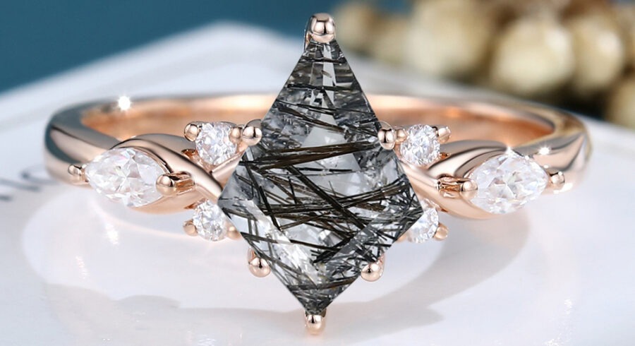 LisaJewelryUS Kite Cut Black Rutilated Quartz Rose Gold Engagement Ring