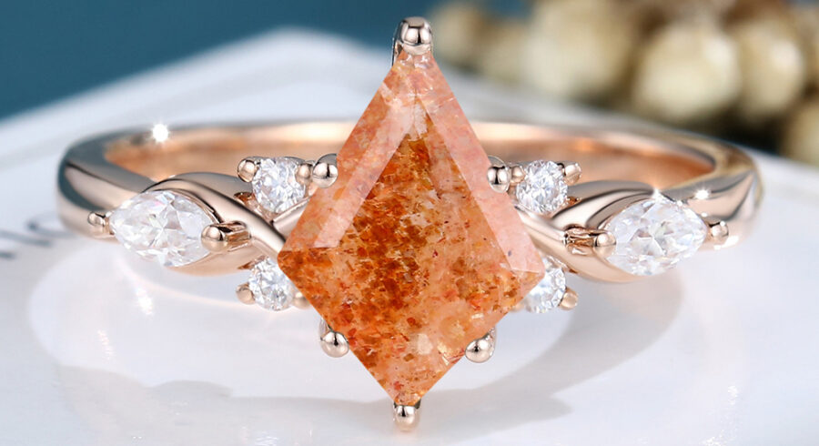 LisaJewelryUS Kite Cut Sunstone Rose Gold Engagement Ring