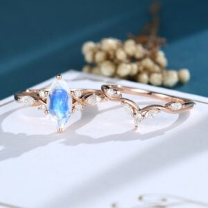 LisaJewelryUS Marquise Cut Moonstone Rose Gold Engagement Ring Set