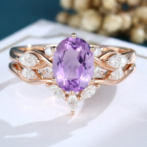 LisaJewelryUS Oval Cut Amethyst Rose Gold Engagement Ring Set