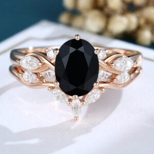 LisaJewelryUS Oval Cut Black Onyx Rose Gold Engagement Ring Set