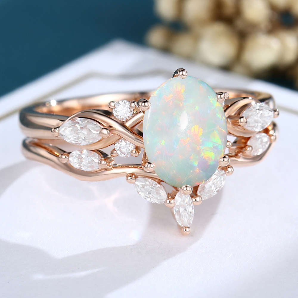 LisaJewelryUS Oval Cut Opal Rose Gold Engagement Ring Set