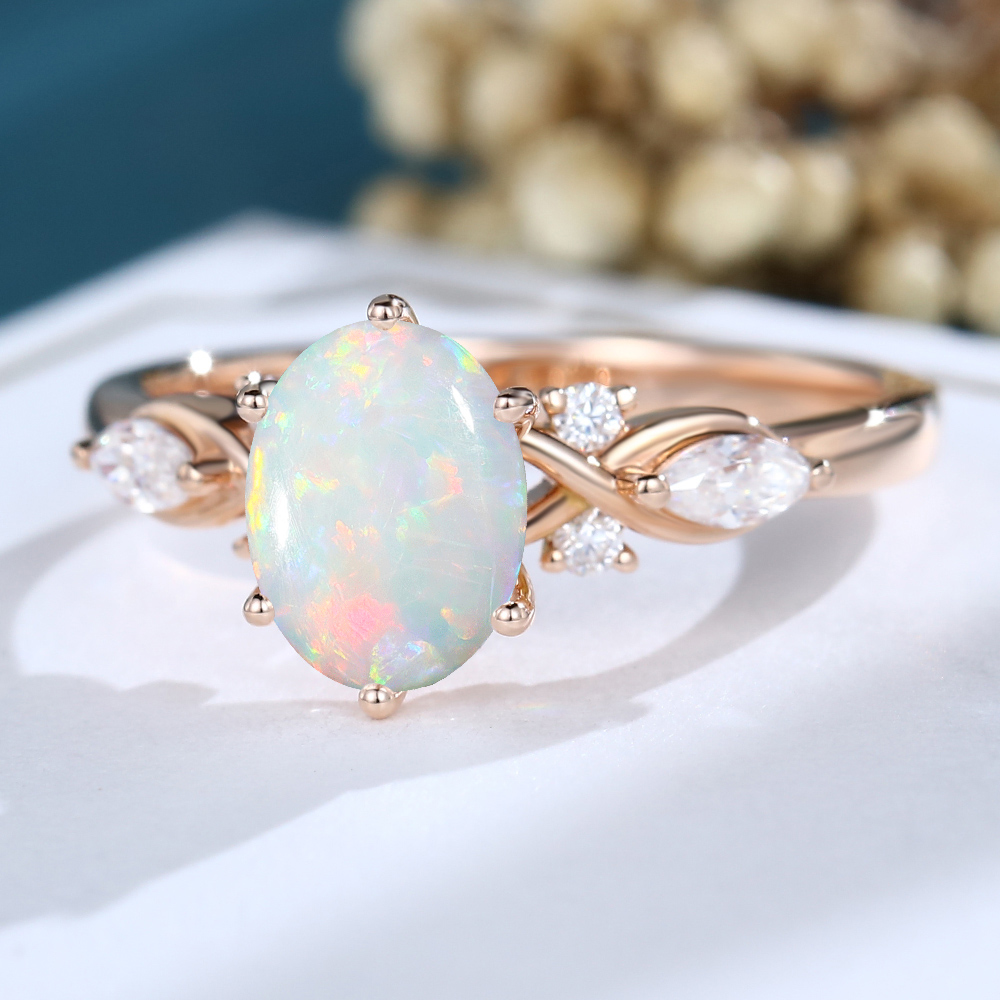 LisaJewelryUS Oval Cut Opal Rose Gold Vintage Engagement Ring