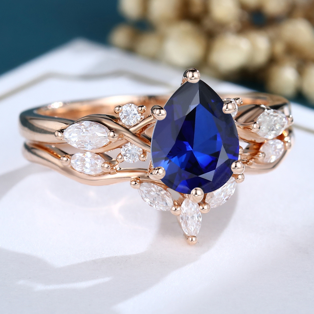 LisaJewelryUS Pear Shaped Sapphire Rose Gold Engagement Ring Set