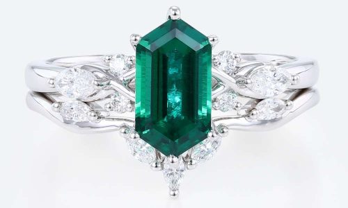 Long Hexagon Cut Lab Emerald Rings Set Vintage Engagement Ring Cluster Bridal Ring Set