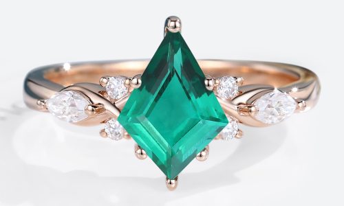 Rose Gold 14K Kite CutEmeraldEngagement Ring Art Deco Unique Promise Ring (1)