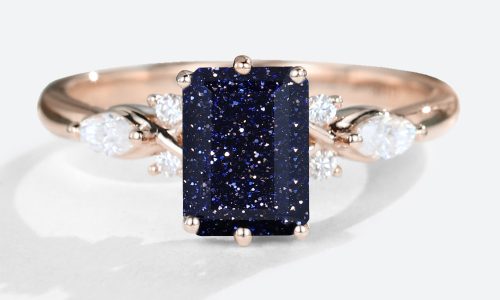Women's Blue Sandstone Ring Gold Emerald Cut Engagement Rings