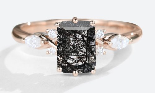 Rose Gold Emerald Cut Black Rutilated Quartz Ring Marquise Diamond Side Stone Engagement Ring (1)