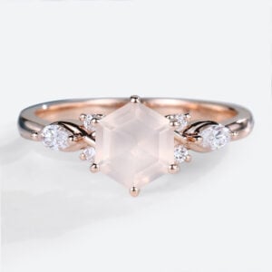 Rose Gold Hexagon Cut Rose Quartz Engagement Ring Vintage Ring