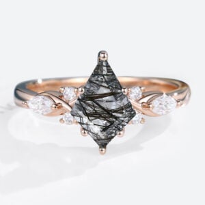Oval Cut Black Rutilated Quartz​ Diamond Side Stone Engagement Ring