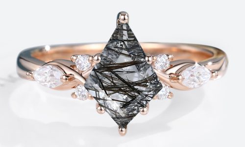 Rose Gold Kite Cut Black Rutilated Quartz Ring Marquise Cut Diamond Side Stone Engagement Ring (1)