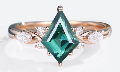 Rose Gold Kite Cut Green Blue Sapphire Engagement Ring Marquise Moissanite Side Stone Engagement Ring (1)