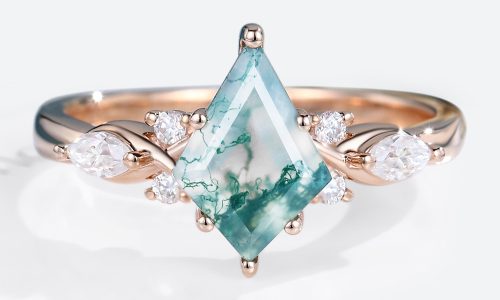 Rose Gold Kite Cut Moss Agate Ring Marquise Moissanite Side Stone Engagement Ring (1)