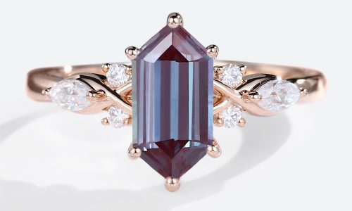 Rose Gold Long Hexagon Cut Alexandrite Engagement Ring Vintage Engagement Rings (1)