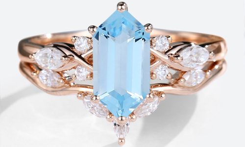 Rose Gold Long Hexagon Cut Aquamarine Engagement Ring with Moissanite Curved Wedding Ring Set (1)