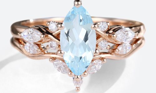 Rose Gold Marquise Cut Diamond & Aquamarine Engagement Ring Set (1)