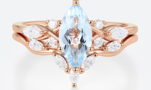Marquise Cut Aquamarine Rose Gold Engagement Ring Set