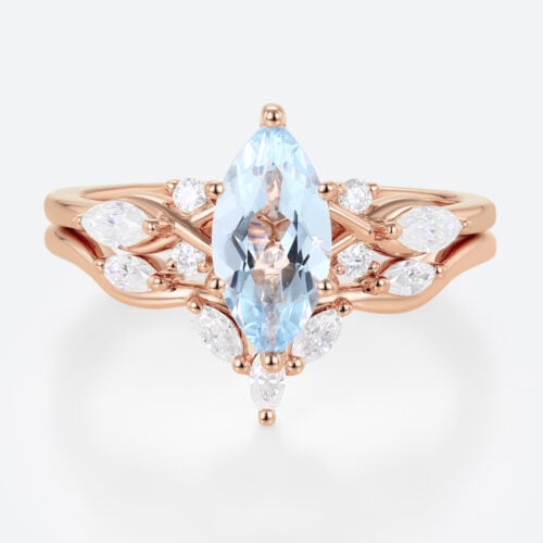 Marquise Cut Aquamarine Rose Gold Engagement Ring Set