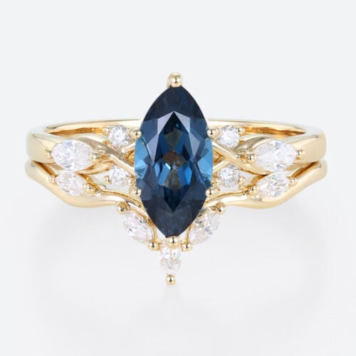Yellow Gold Marquise Cut London Blue Topaz Engagement Ring with Moissanite Curved Wedding Ring Set