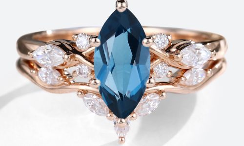Rose Gold Marquise Cut London Blue Topaz Engagement Ring with Moissanite Curved Wedding Ring Set (1)