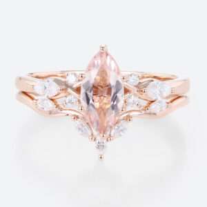 Rose Gold Marquise Cut Morganite Ring with Marquise Moissanite Curved Wedding Ring Set