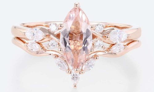 Rose Gold Marquise Cut Morganite Ring with Marquise Moissanite Curved Wedding Ring Set (1)