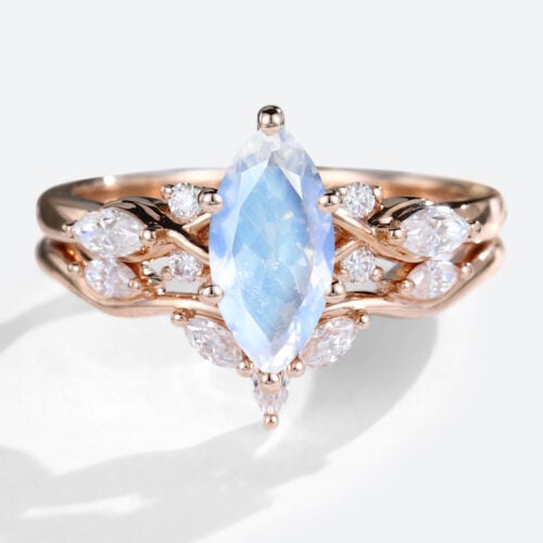Rose Gold Moonstone Ring Marquise Cut Moonstone Engagement Ring With Stacked Wedding Rings Set
