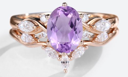 Rose Gold Oval Cut Amethyst Engagement Ring with Moissanite Curved Wedding Ring Set (1)