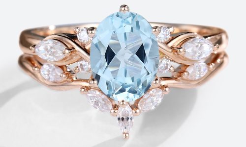 Rose Gold Oval Cut Aquamarine Engagement Ring with Curved Wedding Band Set (1)