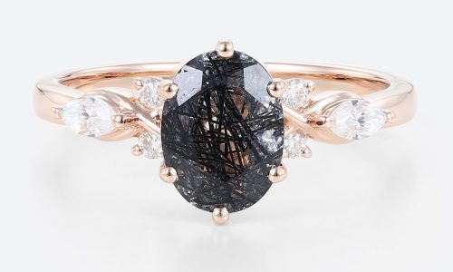 Rose Gold Oval Cut Black Rutilated Quartz Ring Marquise Cut Diamond Side Stone Engagement Ring (1)