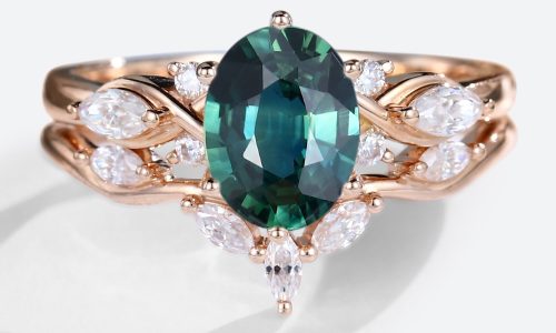 Rose Gold Oval Cut Green Blue Sapphire Engagement Ring with Marquise Diamond Curved Wedding Band Set (1)