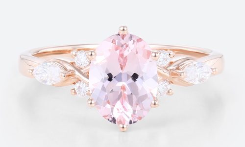 Rose Gold Oval Cut Morganite Engagement Ring Marquise Moissanite Side Stone Ring (1)
