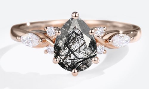Rose Gold Pear Shaped Black Rutilated Quartz Ring Marquise Cut Diamond Side Stone Engagement Ring (1)