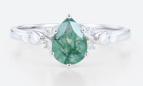 White Gold Pear Shaped Moss Agate Engagement Ring Simple Engagement Rings
