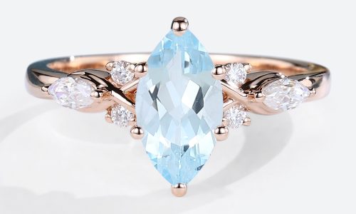 Rose Gold Ring Marquise Cut Diamond & Aquamarine Engagement Ring (1)