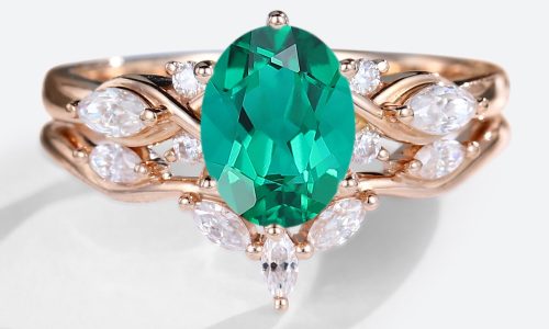 Rose Gold Vintage Oval Cut Engagement Rings Emerald Engagement Rings Set (1)
