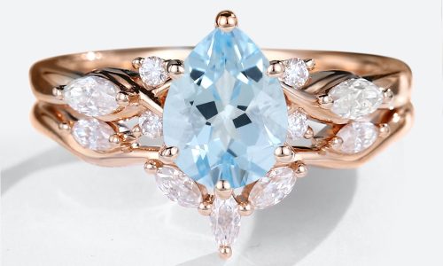 Solid 14K Rose Gold Pear Shaped Aquamarine Engagement Ring with Curved Wedding Band Set (1)
