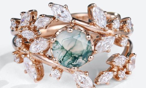 14K 2PCS Rose Gold Round Cut Moss Agate Engagement Ring Leaf Engagement Ring Set (1)