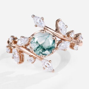 14k Rose Gold Vintage Engagement Rings Round Cut Moss Agate Leaf Engagement Ring