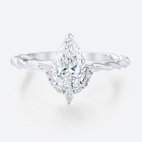Pear Ring 1ct Lab Created Diamond Rings 3/4 Twisted 3-Prong Rings​ in White Gold