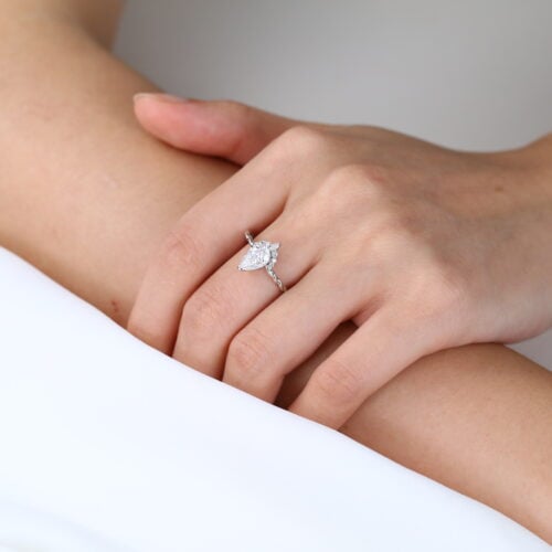 Pear Ring 1ct Lab Created Diamond Rings 3/4 Twisted 3-Prong Rings​ in White Gold