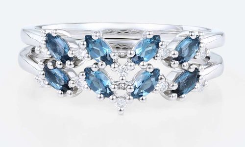 2PCS White Gold Marquise Cut London Blue Topaz Wedding Ring Set (1)