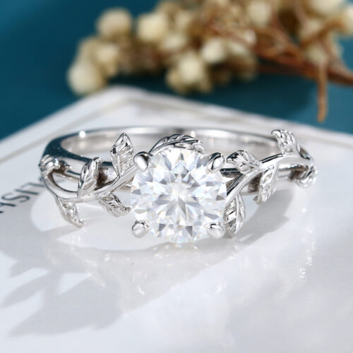 LisaJewelryUS 14K White Gold 1 Carat Lab Grown Diamond Leaf Engagement Ring Vintage