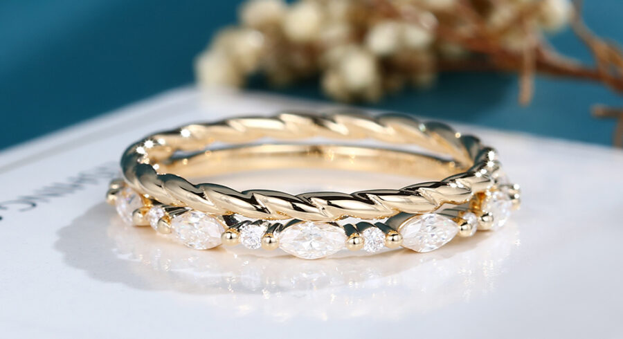 LisaJewelryUS 2PCS Marquise Cut Moissanite Solid 14K Yellow Gold Wedding Bands