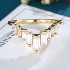 LisaJewelryUS Solid Yellow Gold Baguette Cut Moissanite Curved Matching Wedding Band