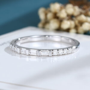 LisaJewelryUS Baguette Cut Moissanite White Gold Half Eternity Wedding Band