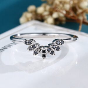 LisaJewelryUS Black Diamond White Gold Curved Black Onyx Wedding Band