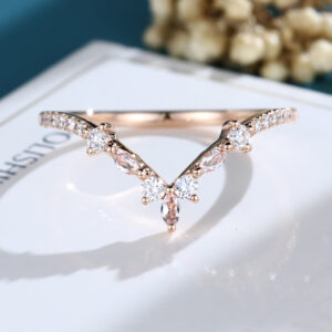 LisaJewelryUS Marquise Cut Morganite Rose Gold Moissanite Half Eternity Curved Matching Wedding Band