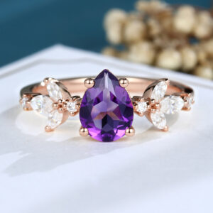 LisaJewelryUS Rose Gold Pear Shaped Amethyst Amethyst and Diamond Engagement Ring