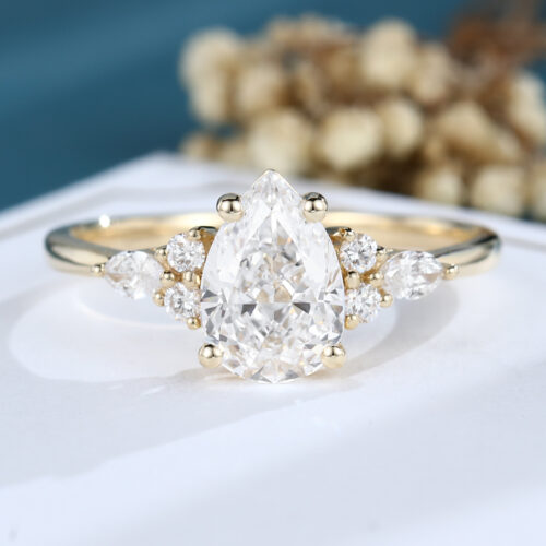 LisaJewelryUS Pear Shaped Lab Diamond Solid Gold Engagement Ring